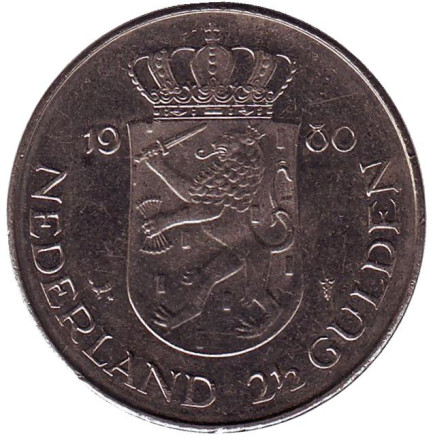 Монета 2,5 гульдена. 1980 год, Нидерланды. Коронация королевы Беатрикс.