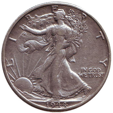 Монета 50 центов. 1944 год (D), США. Шагающая свобода.
