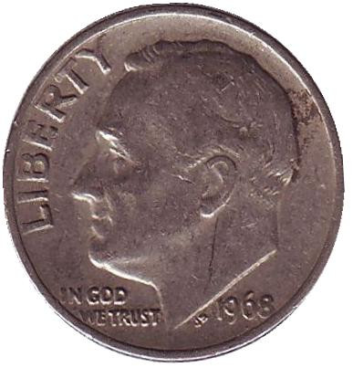 Монета 10 центов. 1968 год, США. Рузвельт.