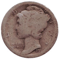 Меркурий. Монета 10 центов. 1916 год, США. Монетный двор "S".