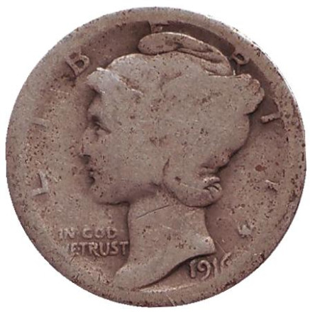 Монета 10 центов. 1916 год, США. Монетный двор "S". Меркурий.