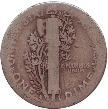 Монета 10 центов. 1916 год, США. Монетный двор "S". Меркурий. Монета 10 центов. 1916 год, США. Монетный двор "S". Меркурий.