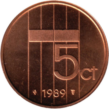 Монета 5 центов. 1989 год, Нидерланды. UNC.