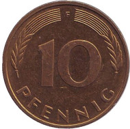 Монета 10 пфеннигов. 1995 год (F), ФРГ. Дубовые листья. Монета 10 пфеннигов. 1995 год (F), ФРГ. Дубовые листья.
