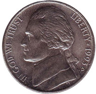 Монета 5 центов. 1993 год (D), США. Джефферсон. Монтичелло. Монета 5 центов. 1993 год (D), США. Джефферсон. Монтичелло.