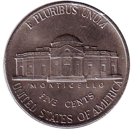 Монета 5 центов. 1993 год (D), США. Джефферсон. Монтичелло.