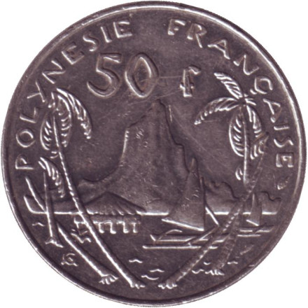 Монета 50 франков. 1985 год, Французская Полинезия. Из обращения. Скалистый остров Муреа.