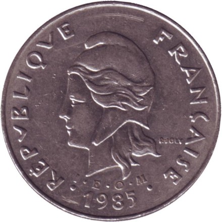 Монета 50 франков. 1985 год, Французская Полинезия. Из обращения. Скалистый остров Муреа.