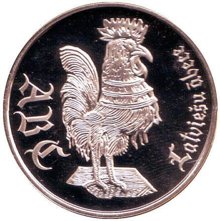 Монета 1 лат в буклете, 2010 год, Латвия. Петух. Латышская азбука. Монета 1 лат в буклете, 2010 год, Латвия. Петух. Латышская азбука.