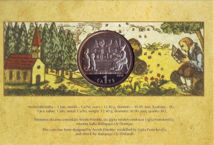 Монета 1 лат в буклете, 2010 год, Латвия. Петух. Латышская азбука. Монета 1 лат в буклете, 2010 год, Латвия. Петух. Латышская азбука.