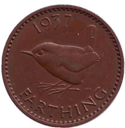 Монета 1 фартинг. 1937 год, Великобритания. Крапивник. (Птица).
