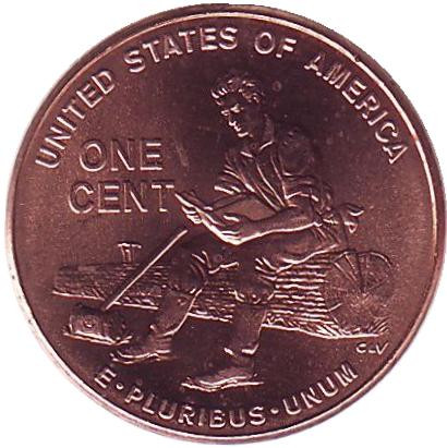 Монета 1 цент. 2009 год (D), США. Юность Линкольна.