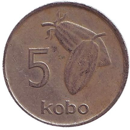Монета 5 кобо. 1974 год, Нигерия. Плоды какао.