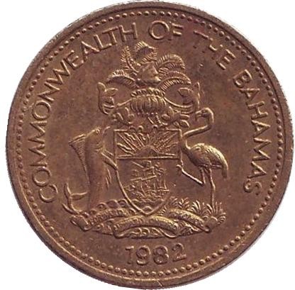 Монета 1 цент. 1982 год, Багамские острова. Без отметки монетного двора. Морская звезда. Монета 1 цент. 1982 год, Багамские острова. Без отметки монетного двора. Морская звезда.