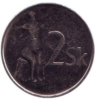 Монета 2 кроны. 2002 год, Словакия. Статуя Венеры. Монета 2 кроны. 2002 год, Словакия. Статуя Венеры.