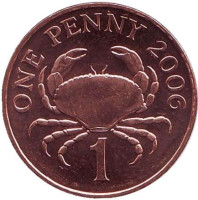 Краб. Монета 1 пенни, 2006 год, Гернси. UNC
