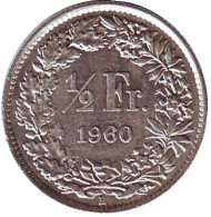 Монета 1/2 франка. 1960 год, Швейцария.