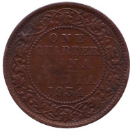 Монета 1/4 анны. 1934 год, Индия Британская. Монета 1/4 анны. 1934 год, Индия Британская.