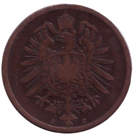 Монета 2 пфеннига. 1876 год (C), Германская империя. Монета 2 пфеннига. 1876 год (C), Германская империя.