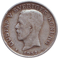 Монета 1 крона. 1932 год, Швеция. Густав V. Монета 1 крона. 1932 год, Швеция. Густав V.