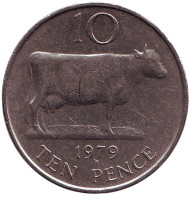 Монета 10 пенсов. 1979 год, Гернси. Корова. Монета 10 пенсов. 1979 год, Гернси. Корова.