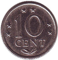 Монета 10 центов. 1980 год, Нидерландские антильские острова. Монета 10 центов. 1980 год, Нидерландские антильские острова.