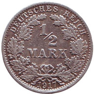 Монета 1/2 марки. 1917 год (A), Германская империя. Монета 1/2 марки. 1917 год (A), Германская империя.