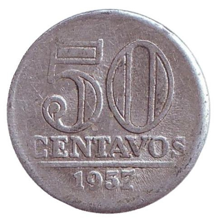 Монета 50 сентаво. 1957 год, Бразилия. Из обращения.