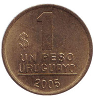 Монета 1 песо. 2005 год, Уругвай. Монета 1 песо. 2005 год, Уругвай.