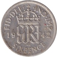 Монета 6 пенсов. 1942 год, Великобритания. Монета 6 пенсов. 1942 год, Великобритания.