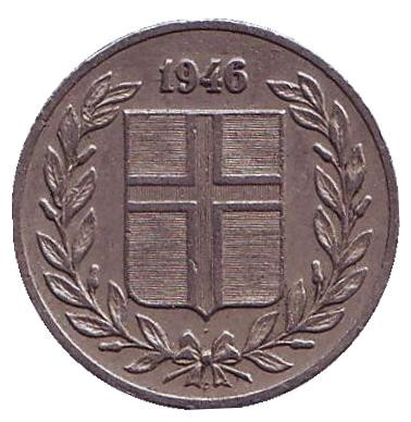 Монета 25 аураров. 1946 год, Исландия. Монета 25 аураров. 1946 год, Исландия.