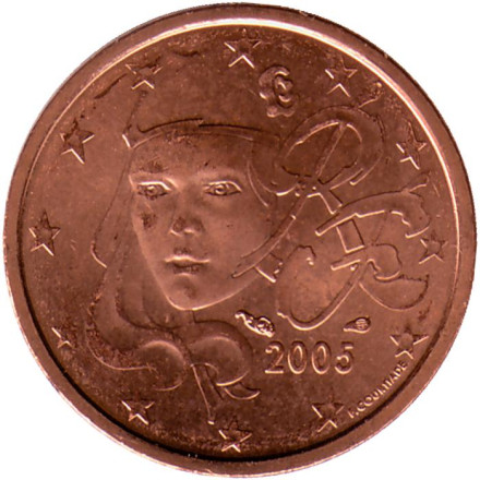 Монета 2 цента. 2005 год, Франция.
