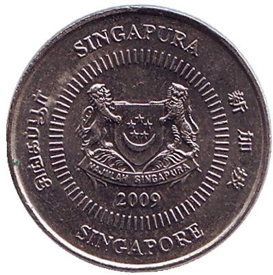 Монета 10 центов. 2009 год, Сингапур. Жасмин. Монета 10 центов. 2009 год, Сингапур. Жасмин.