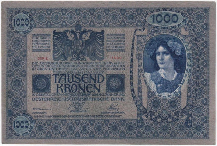 Банкнота 1000 крон. 1902 (1919) год, Австро-Венгрия. (Надпечатка вертикально). Тип 59.  XF-AU.