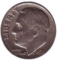 Монета 10 центов. 1978 (P) год, США. Рузвельт. Монета 10 центов. 1978 (P) год, США. Рузвельт.