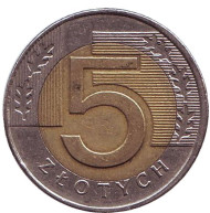 Монета 5 злотых. 2008 год, Польша. Монета 5 злотых. 2008 год, Польша.
