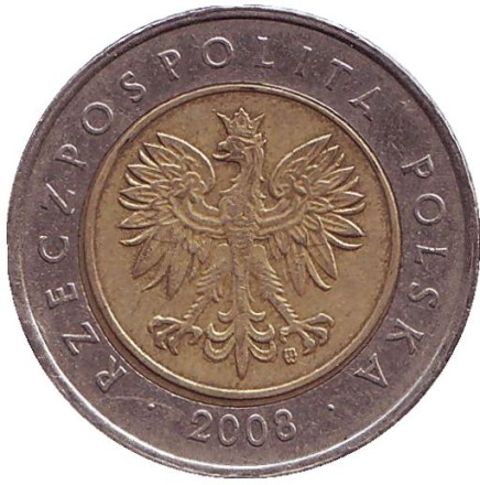 Монета 5 злотых. 2008 год, Польша.