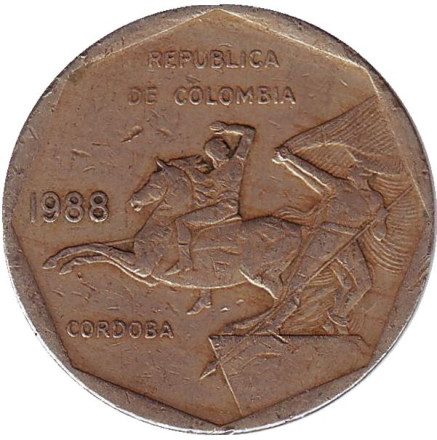 Монета 10 песо. 1988 год, Колумбия.