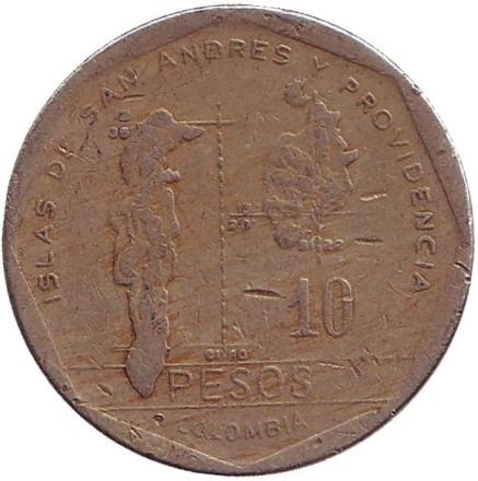 Монета 10 песо. 1988 год, Колумбия.
