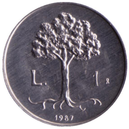 Монета 1 лира. 1987 год, Сан-Марино. 15 лет с момента возобновления чеканки.