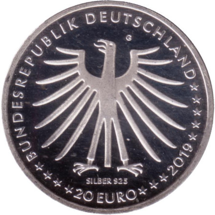 Монета 20 евро. 2019 год (G), Германия. Храбрый портняжка. Серия "Сказки братьев Гримм".