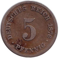 Монета 5 пфеннигов. 1876 год (G), Германская империя.
