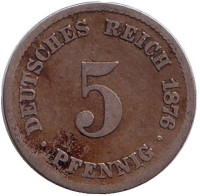 Монета 5 пфеннигов. 1876 год (G), Германская империя.