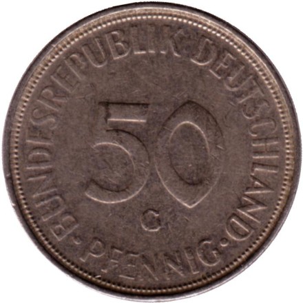 Монета 50 пфеннигов. 1971 (G) год, ФРГ. Женщина, сажающая дуб.