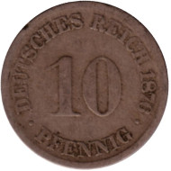 Монета 10 пфеннигов. 1876 год (F), Германская империя. Монета 10 пфеннигов. 1876 год (F), Германская империя.