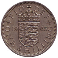 Монета 1 шиллинг. 1965 год, Великобритания. (Герб Англии). Монета 1 шиллинг. 1965 год, Великобритания. (Герб Англии).