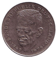 Курт Шумахер. Монета 2 марки. 1979 год (J), ФРГ. Из обращения.