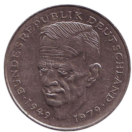 Монета 2 марки. 1979 год (J), ФРГ. Из обращения. Курт Шумахер.