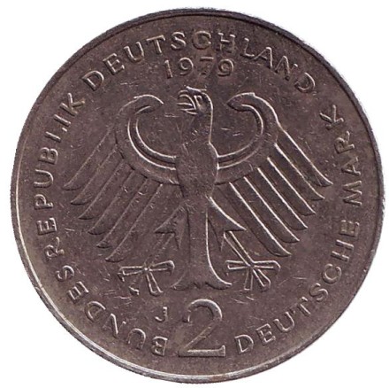 Монета 2 марки. 1979 год (J), ФРГ. Курт Шумахер. Монета 2 марки. 1979 год (J), ФРГ. Курт Шумахер.