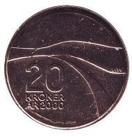 Монета 20 крон. 2000 год, Норвегия. Смена тысячелетия - 2000 год. Монета 20 крон. 2000 год, Норвегия. Смена тысячелетия - 2000 год.